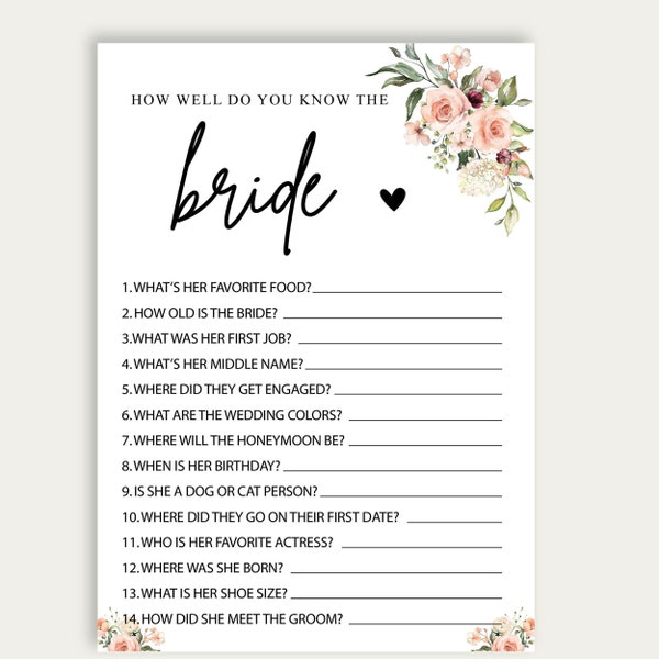 How Well Do You Know The Bride Bridal Shower Game, How Well Do You Know The Bride Wedding Shower Game, Bridal Trivia Shower Game, DIY, 230