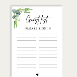 Gästeliste zum ausdrucken, Brautparty-Gästeliste, grün Sign-In-Sheet, Laub-Brautparty-Gästeliste, sofort-Download, 220