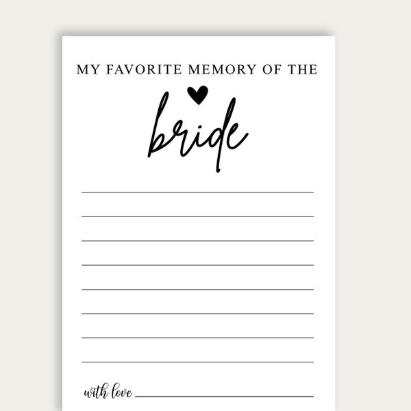 My Favorite Memory Of The Bride Game, My Favorite Memory of The Bride To Be Cards, Virtual Bridal Shower Game Card, Printed Memory Cards 216
