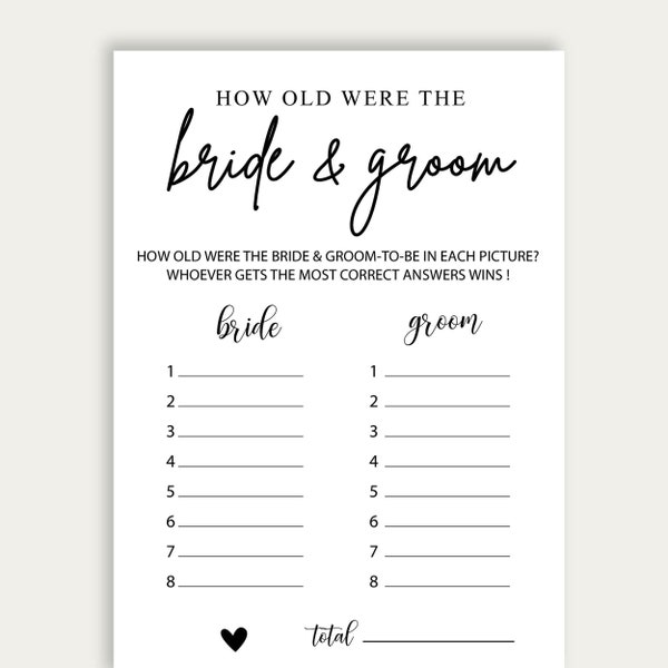 How Old Were The Bride And Groom Game, Guess The Age Game, How Old Were They Bridal Shower Game, Bridal Shower Game, Wedding Shower Game 216