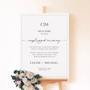 Monogram Unplugged Ceremony Sign, Modern Wedding Unplugged Sign, Unplugged Ceremony Sign Template, Printable Calligraphy Poster, WB KA 35