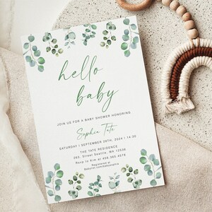 Neutrale Babypartyeinladung, Babypartyeinladung im Grünen, Eukalyptus-Babypartyeinladung, Babypartyeinladungsvorlage, YD KA 46