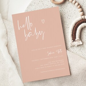 Blush Pink Hello Baby Invitation, Pink Girl Baby Shower Invite, Minimalist Baby Shower Invitation, Editable Baby Shower Invitation, YD KG 06