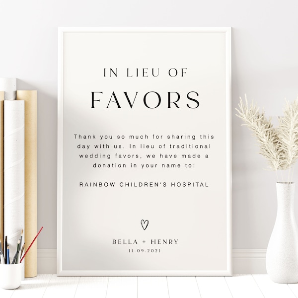 Charity Donation Sign, In Lieu Of Favors Wedding Sign, Minimalist Simple Wedding Charity Sign, Bohemian Minimalist Editable Sign, RS KZ 96