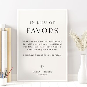 In Lieu Of Favors Hochzeitsschild, Minimalistisches einfaches Hochzeits-Charity-Zeichen, Charity-Spendenschild, Boho Minimalist bearbeitbares Zeichen, RS KZ 96 R