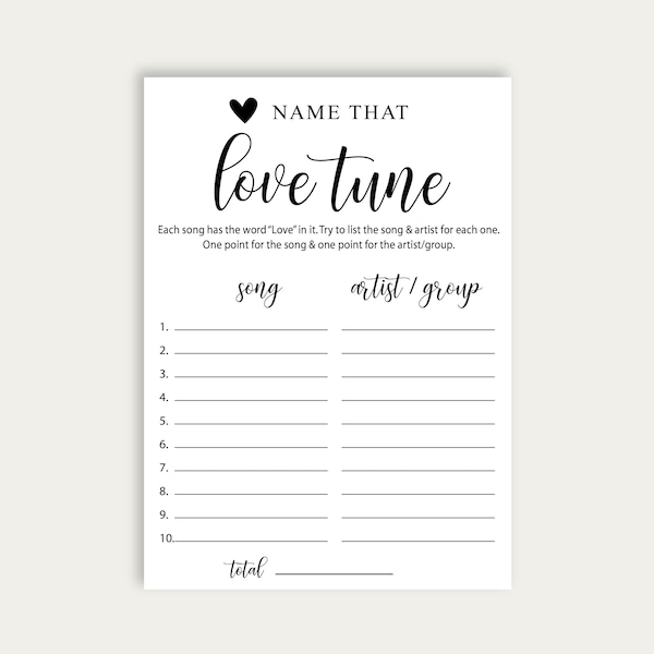 Name That Love Tune Bridal Shower Games, Instant Download Bridal Shower Games, Modern Printable Love Song Bridal Shower Game, Printable, 210