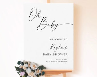 Modern Baby Shower Welcome Sign Template, Oh Baby Shower Welcome Sign, Boho Baby Shower Welcome Poster, Minimal Baby Shower Sign, WY KA 04