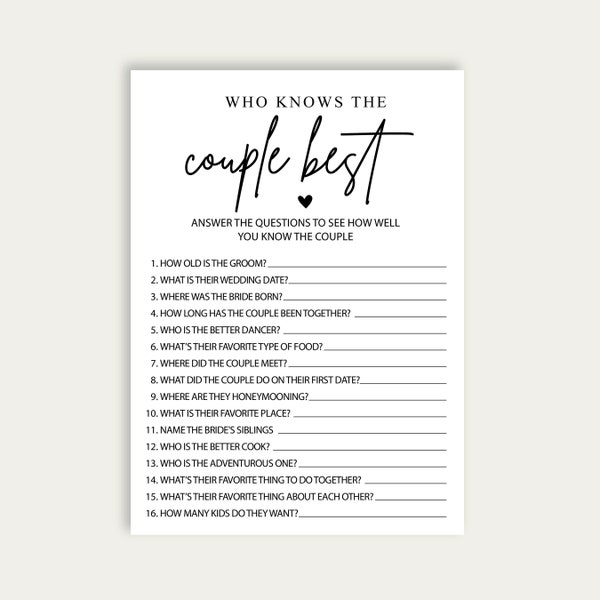 How Well Do You Know The Couple Bridal Shower Game, How Knows The Couple Game, Digital Who Knows The Couple Best Game Card, Printable, 216