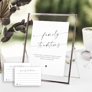 Letrero y tarjeta de tradiciones familiares, letrero para compartir un recuerdo en la despedida de soltera, letrero de recuerdos de la infancia, letrero moderno de tradiciones familiares para bodas, RS KA 49