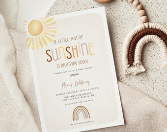 Ein kleiner Sonnenstrahl-Babyparty-Einladung, Sonnenschein-Babyparty-Einladung, Mädchen-Sonnen-Babyparty, Geschlechtsneutrale Dusche einladen, YD KG 42