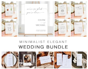 Könnte beinhalten: Ein minimalistisches Hochzeitspaket mit druckbaren Schildern für einen Hochzeitsempfang. Die Schilder umfassen ein Willkommenschild, Tischnummern, eine Barkarte, ein Schild für ein Foto-Gästebuch, ein Schild für eine Zigarrenbar und ein Schild für individuelle Beschilderung. Die Schilder sind alle in einem einfachen, eleganten Stil mit schwarzem Text auf weißem Hintergrund gehalten.