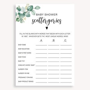 Minimalistisches Scattergories-Babypartyspiel, Scattergories-Spielkarte, Babyparty-Scattergories, Scattergories Digitales Babypartyspiel, 20 FM