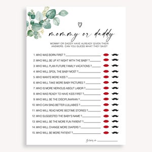Mama of papa babyshowerspel, leuk raad eens wie het zei babyshowerspel, instant mama of papa-spel, mama of papa raad eens wie het zei spel, 40 FA