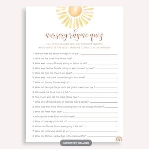 Carte de jeu pour baby shower soleil, jeu de comptines pour baby shower, jeu de quiz amusant comptines, jeu de quiz comptines à téléchargement immédiat, 60 FM