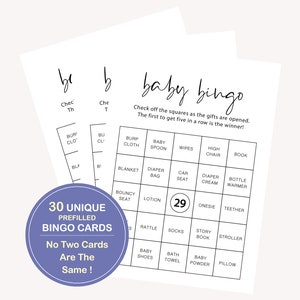 30 Prefilled Baby Shower Bingo Cards, Baby Gift Bingo, Prefilled Baby Bingo Game Cards, 30 Unique Bingo Cards, Baby Shower Bingo Game, 10 FG