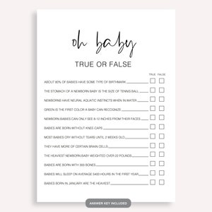 Jeux minimalistes pour baby shower, vrai ou faux, jeu vrai ou faux oh baby, idée de shower à imprimer, cartes de jeu de baby shower neutres en matière de genre, 10 FG
