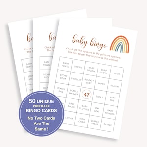 50 Prefilled Baby Shower Bingo Cards, Baby Gift Bingo, Baby Shower Bingo Game, 50 Unique Bingo Cards, Prefilled Baby Bingo Game Cards, 70 FM