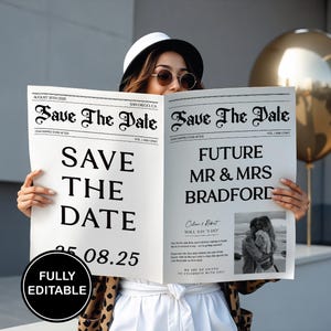 新聞婚約発表テンプレート、新聞のSave The Date、未来のミスター＆ミセス、結婚新聞カード、即時ダウンロード、STD 101a