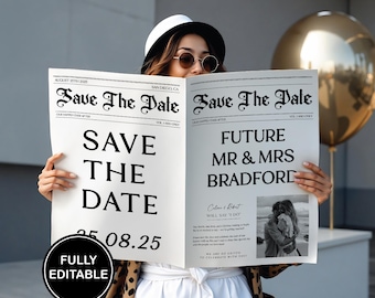 新聞婚約発表テンプレート、新聞のSave The Date、未来のミスター＆ミセス、結婚新聞カード、即時ダウンロード、STD 101a