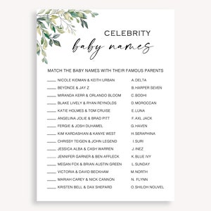 May include: A printable game with a green leafy background. The game asks players to match celebrity couples with their children's names. The names include: Nicole Kidman & Keith Urban, Beyonce & Jay Z, Miranda Kerr & Orlando Bloom, Blake Lively & Ryan Reynolds, Katie Holmes & Tom Cruise, Angelina Jolie & Brad Pitt, Fergie & Josh Duhamel, Kim Kardashian & Kanye West, Chrissy Teigen & John Legend, Jessica Alba & Cash Warren, Jennifer Garner & Ben Affleck, Megan Fox & Brian Austin Green, Victoria & David Beckham, Mariah Carey & Nick Cannon, Kristen Bell & Dax Shepard. The names of the children are: Delta, Harper Seven, Bodhi, Moroccan, Luna, Axl Jack, Haven, Seraphina, Suri, Inez, Blue Ivy, Sunday, North, Flynn, Shiloh Nouvel.