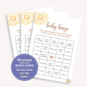 50 tarjetas de bingo únicas, juego de bingo para baby shower, tarjetas de bingo para bebés precargadas, 50 tarjetas de bingo precargadas para baby shower, bingo de regalo de sol, 60 FM