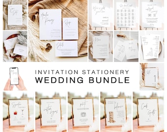 May include: A wedding stationery bundle with a variety of printable templates, including invitations, RSVP cards, seating charts, menus, and more. The templates feature a minimalist design with black calligraphy on a white background.