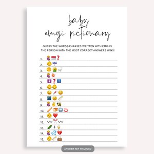 Juego de baby shower con emojis boho, juego de pictionary con emojis minimalistas, juego de imágenes con emojis para baby shower, divertido juego de emojis de género neutro, 10 FG