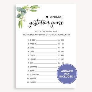 Animal Gestation Game, Baby Shower Animal Pregnancy Game, Instant Download Printable Baby Shower, Gender Neutral Editable Template, 20 FM E