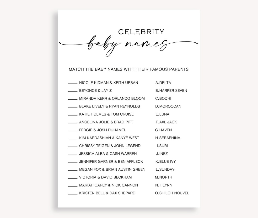 Celebrity Baby Names, Baby Shower Celebrity Match, Minimalist Baby