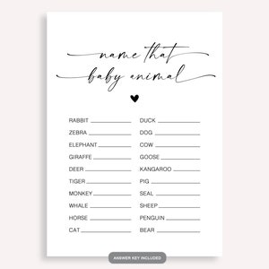 Baby Animal Game, Name The Baby Animal Shower Game, Baby Animal Match Game, Minimalist Baby Animal Name Quiz, Modern Baby Shower Game, 10 FA