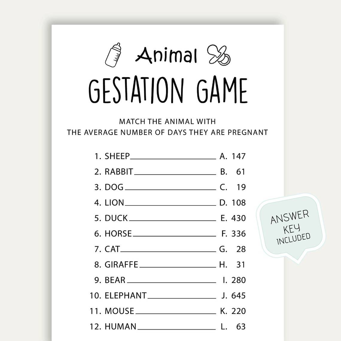 Animal Gestation Baby Shower Game Printable Animal Gestation Etsy
