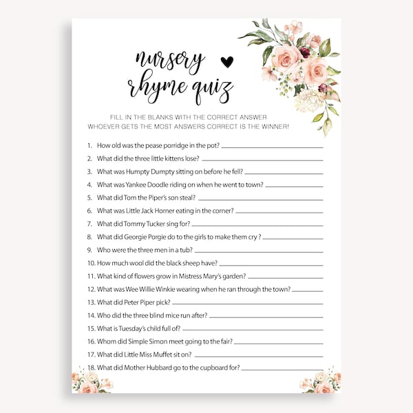 Nursery Rhyme Quiz Baby Shower Games, Printable Nursery Rhyme Game, Instant Download Baby Game, Nursery Rhyme Baby Shower Activities, 30 FM