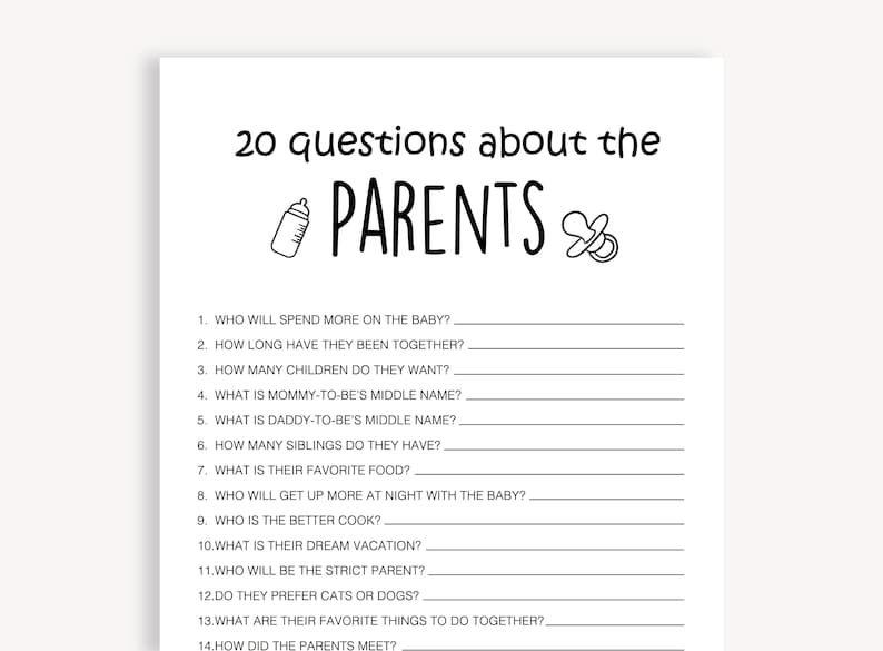 Funny Baby Shower Activity, Twenty Questions About the Parents Baby ...