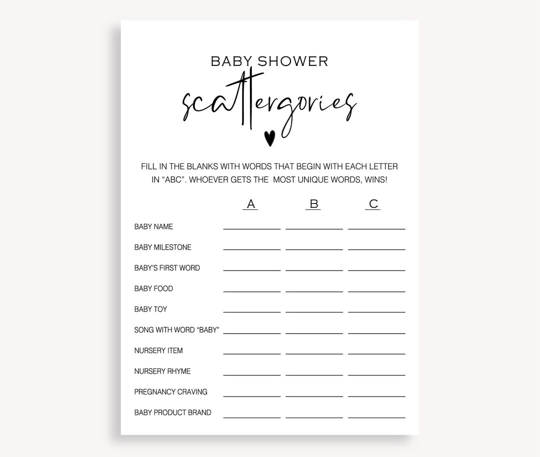 Minimalist Baby Shower Scattergories Game, Instant Scattergories Game