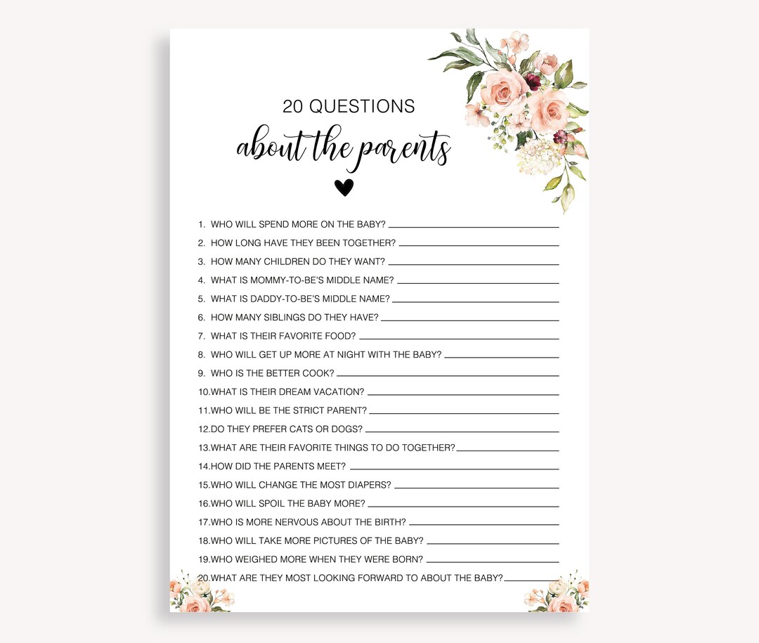 20 Questions About the Parents, Floral Design Digital Baby Shower Game