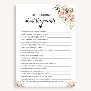 20 Questions About The Parents, Floral Design Digital Baby Shower Game, Questions About The Parents Who Knows Mommy and Daddy Best, 30 FM