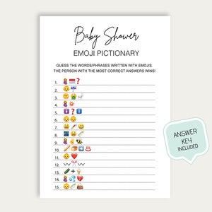 May include: A printable baby shower game with a list of 15 emoji riddles. The game is titled "Baby Shower Emoji Pictionary" and includes the text "Guess the words/phrases written with emojis. The person with the most correct answers wins!" and "Answer Key Included".