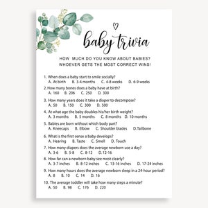 Baby Shower Trivia Game, Baby Trivia Game, Baby Trivia Funny Baby Shower Game, Printables Greenery Baby Shower Games, Instant Download 20 FM
