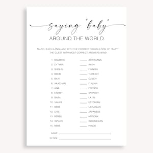 Juego de decir Bebé alrededor del mundo, juegos de baby shower, juego de trivia para fiestas de bebés, divertido juego de traducción para bebés, bebé en diferentes idiomas, 10 FA