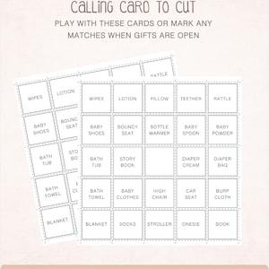May include: A printable set of 36 calling cards for a baby shower. The cards are black and white and feature a variety of baby items, such as a rattle, a bottle warmer, a baby spoon, a diaper bag, and a baby blanket. The cards are designed to be cut out and used as a game for guests to guess what gifts the baby will receive.