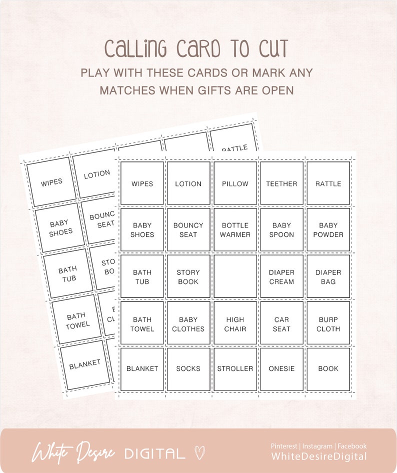 May include: A printable set of 36 calling cards for a baby shower. The cards are black and white and feature a variety of baby items, such as a rattle, a bottle warmer, a baby spoon, a diaper bag, and a baby blanket. The cards are designed to be cut out and used as a game for guests to guess what gifts the baby will receive.