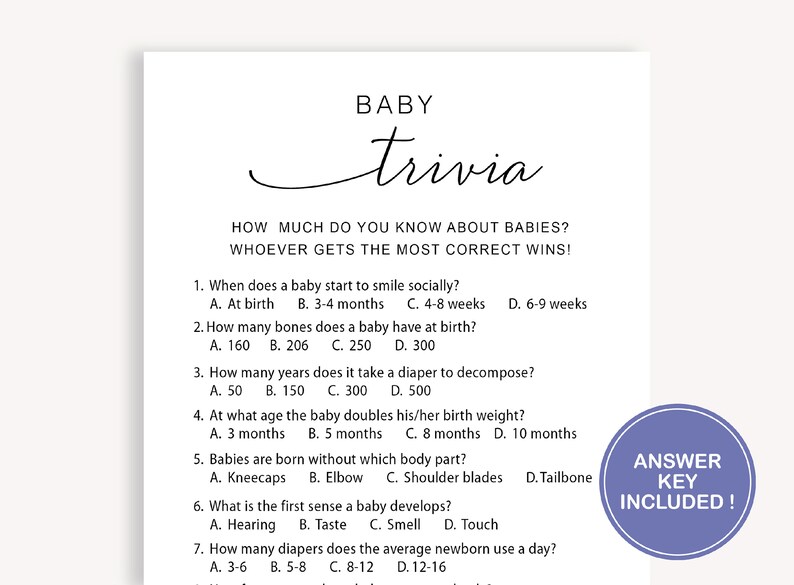 Modern Baby Shower Trivia Game, Shower Trivia Quiz, Baby Trivia Baby ...