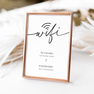 May include: A printable sign with a rose gold frame and the word "wifi" in cursive script. The sign also includes the words "Network" and "Password" with space for the network name and password.