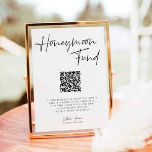 Modern Wedding Honeymoon Fund, Wedding Cash Gift, Honeymoon Fund Sign, Venmo Honeymoon Sign, Printable Honeymoon Fund QR Code Sign RS KG 158