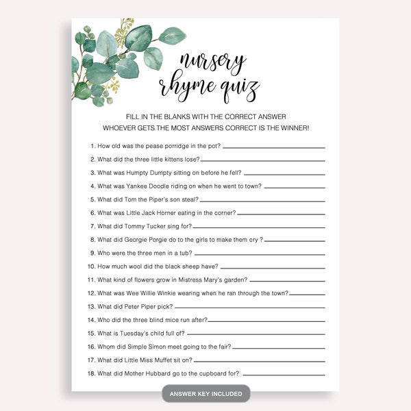 Printable Nursery Rhyme Baby Shower Game, Nursery Rhyme Quiz Game, Funny Greenery Baby Shower Game, Instant Download Baby Shower Game, 20 FM