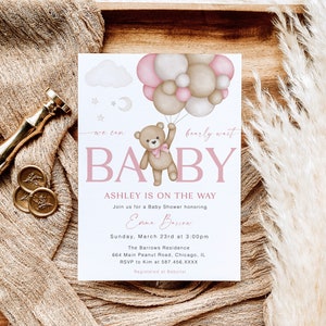 Bear With Balloons Girl Baby Shower, Gender Neutral Bear Invite, Pink Teddy Bear Baby Shower Invitation, We Can Bearly Wait Baby, YD KA 54