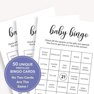 May include: A set of 50 unique baby bingo cards. Each card has a 5x5 grid with squares to check off as gifts are opened. The first person to get five in a row wins. The text on the cards reads "baby bingo" and "50 unique prefilled bingo cards. No two cards are the same!"