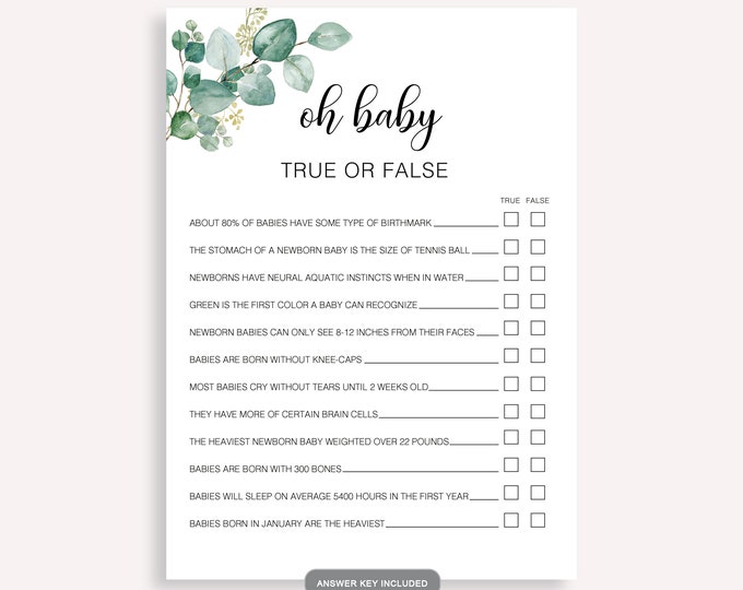 True or False Baby Shower Game, Printable Baby Shower True or False ...