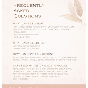 Puede incluir: Un gr&aacute;fico con un fondo beige y texto marr&oacute;n que dice "Frequently Asked Questions". El gr&aacute;fico enumera lo que se puede y no se puede editar en un dise&ntilde;o digital, as&iacute; como c&oacute;mo imprimir y enviar el dise&ntilde;o electr&oacute;nicamente. El gr&aacute;fico tambi&eacute;n incluye el texto "White Desire Digital" con un s&iacute;mbolo de coraz&oacute;n.