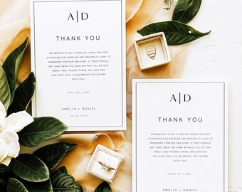 May include: Two white thank you cards with black borders and text. The cards have the initials "A|D" and the text "Thank You". The text on the cards reads "We wanted to say a special thank you for attending our wedding and making it a day to remember forever and ever. It truly would not have been the same without all of our family and friends there. We love you and can't wait to celebrate the future with you! Lots of love, Amelia + Daniel".